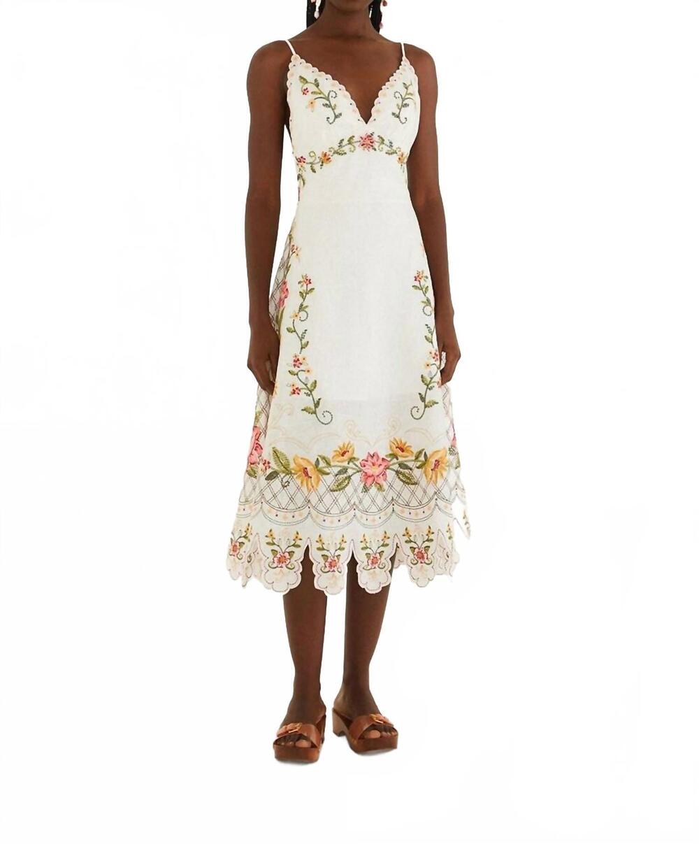 NEW FARM RIO flower embroidery sleeveless midi dress in off-white